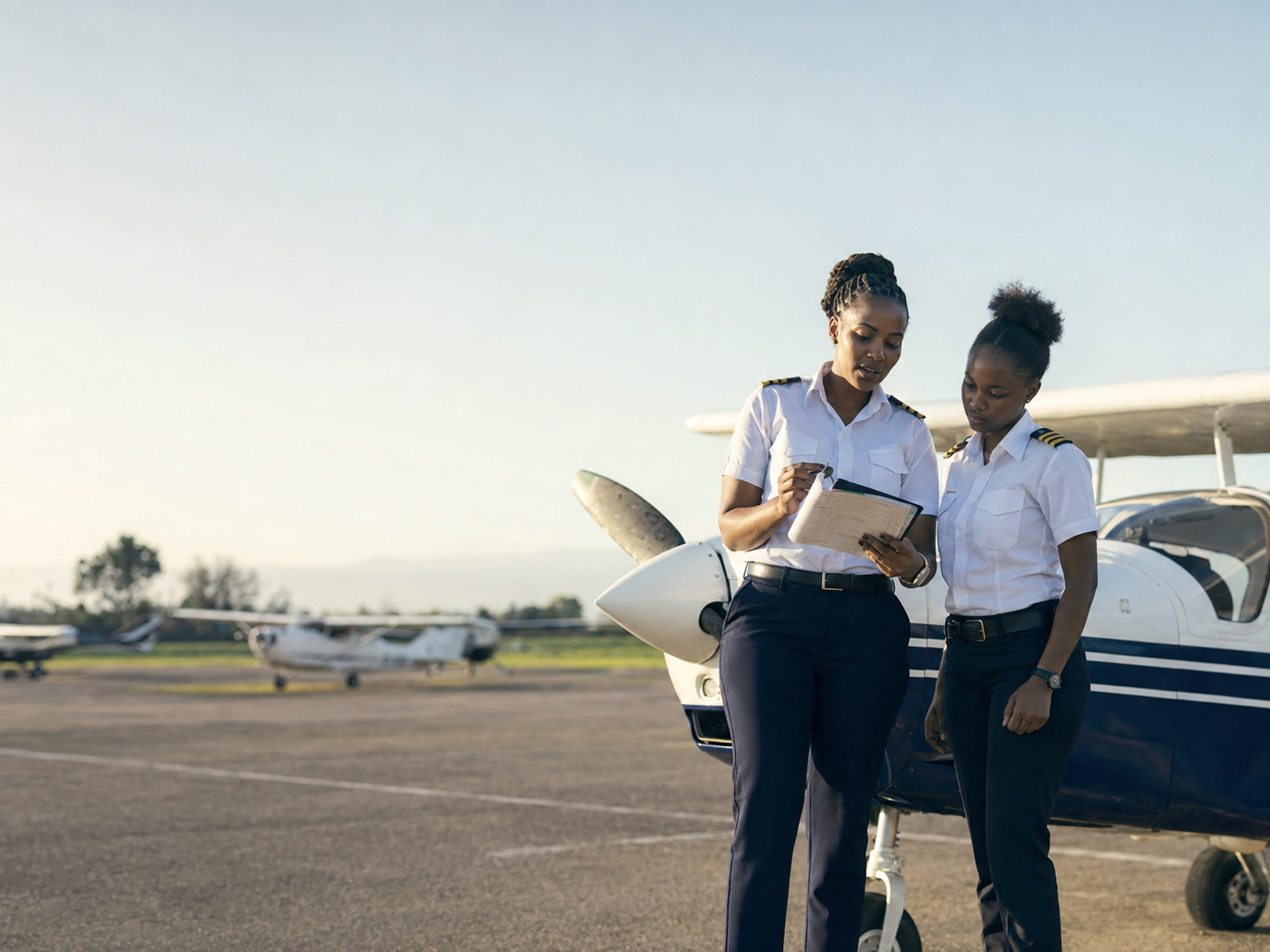 Flight instructor briefing a student pilot beside a training aircraft on the apron